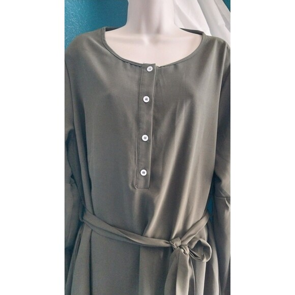 NWT Bloomchic 14-16 Solid Button Pocket Lantern Sleeve Tie Up Dress GREEN Dress - Picture 6 of 9